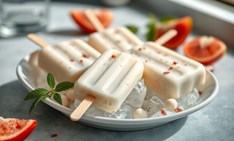 Geladinhos de vodka coloridos e cremosos dispostos em uma bandeja com gelo, prontos para servir.