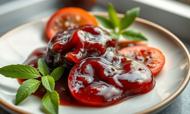 Pote de geleia de jabuticaba caseira com colheres e frutas ao redor, cor roxa vibrante e aspecto apetitoso
