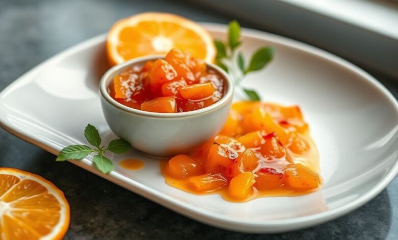 Pote de geleia de laranja com pimenta, dourada e brilhante, com colheres e torradas ao redor, em cenário rústico e elegante