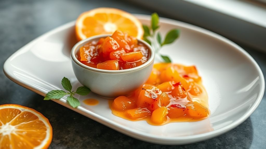 Geleia de laranja com pimenta servida em pote de vidro, textura brilhante e cor dourada, sabor agridoce sofisticado