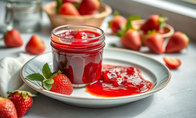 Pote de geleia de morango caseira pronta, vermelha e brilhante, ao lado de pães frescos