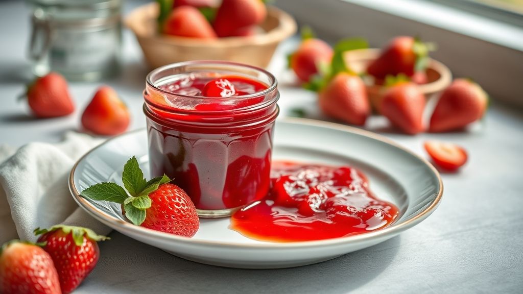 Pote de geleia de morango caseira vermelha e brilhante, com pedaços visíveis da fruta e textura artesanal