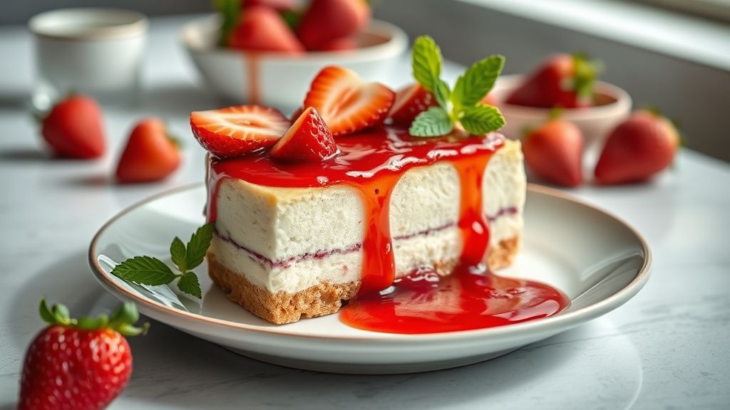 Geleia de morango para cheesecake com brilho natural e textura cremosa servida sobre cheesecake clássico