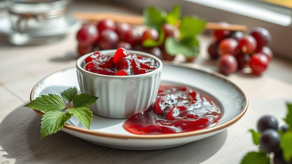 Pote de geleia de uva caseira com brilho intenso e textura cremosa, ideal para pães e queijos