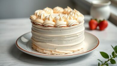 Bolo de festa decorado com glacê branco e detalhes coloridos, aparência cremosa e acabamento perfeito