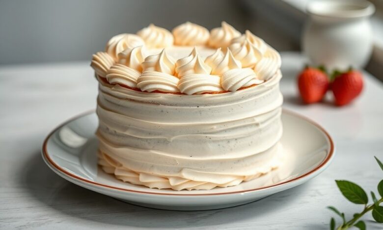 Bolo de festa decorado com glacê branco e detalhes coloridos, aparência cremosa e acabamento perfeito