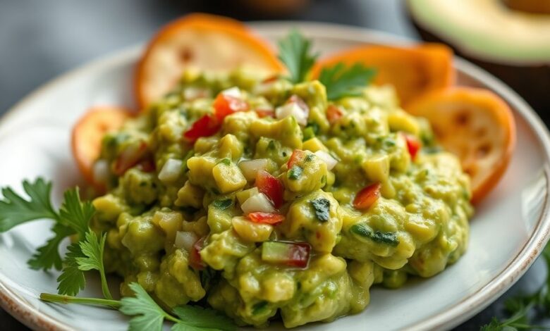 Guacamole tradicional servido em tigela rústica, com textura cremosa e cores vibrantes, ao lado de chips de milho crocantes