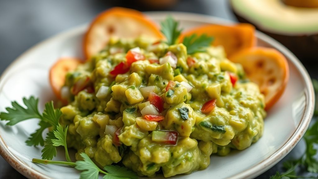 Guacamole tradicional servido em tigela rústica, com textura cremosa e cores vibrantes, ao lado de chips de milho crocantes