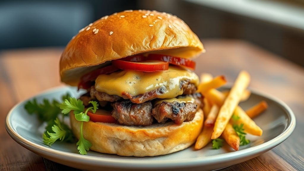Hambúrguer de carne de porco grelhado, dourado e suculento, servido em pão artesanal com queijo, alface e tomate