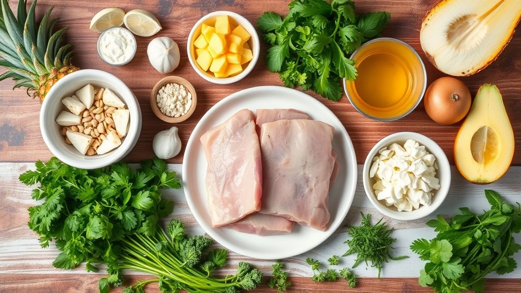 Visão de cima com os ingredientes da receita organizados em uma bancada de madeira, incluindo abacaxi, carne suína, mel e shoyu.