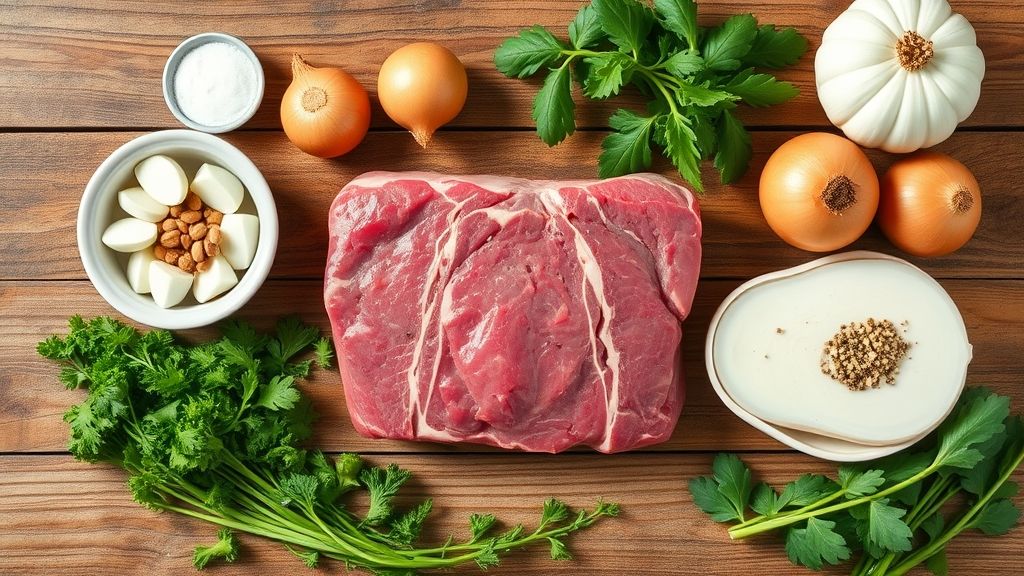 Visão de cima mostrando acém em cubos, cebolas fatiadas, alho e temperos organizados em bancada de madeira