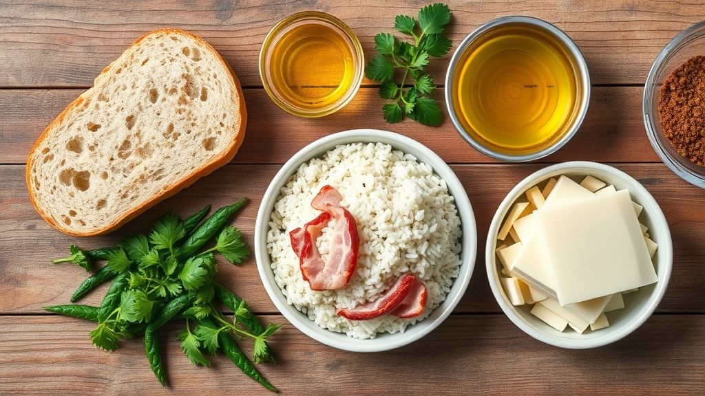 Ingredientes organizados em bancada: pão, azeite, bacon, arroz e temperos frescos