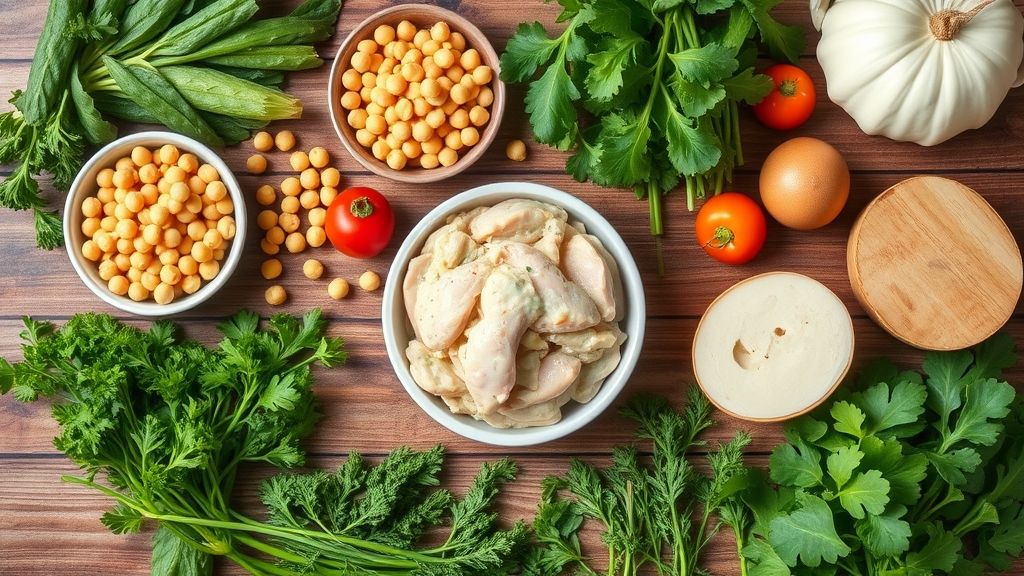 Ingredientes frescos como folhas verdes, legumes, grão-de-bico e ervas organizados em bancada de cozinha.