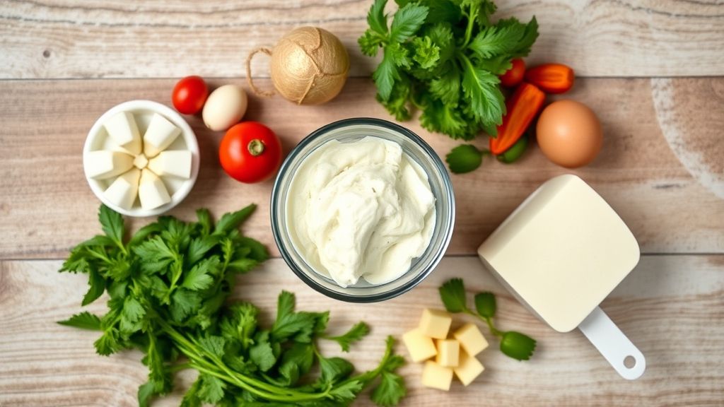 Vista de cima dos ingredientes organizados sobre uma bancada: biscoito triturado, manteiga, doce de leite, chocolate e creme de leite.