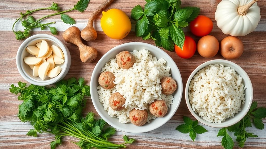 Vista superior dos ingredientes para almôndegas, arroz e molho organizados em tigelas sobre bancada rústica