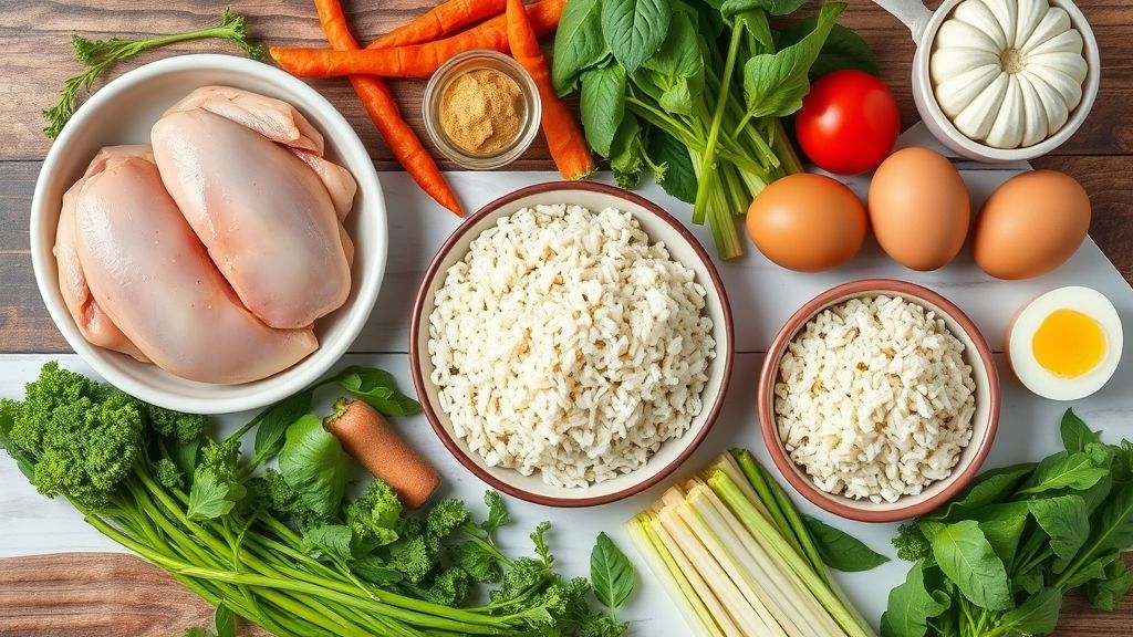 Visão de cima com ingredientes variados das receitas organizados em uma bancada de cozinha.