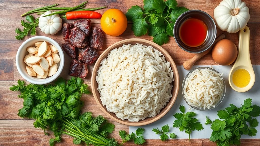 Ingredientes da receita de arroz carreteiro organizados em uma bancada com carne, legumes e temperos.