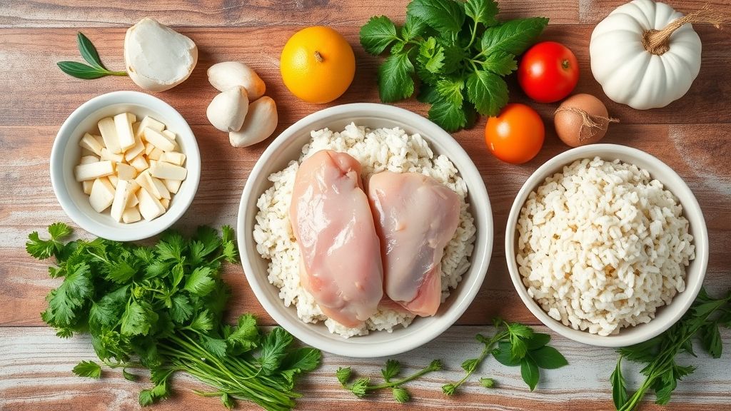 Visão de cima com frango, arroz, legumes e temperos organizados sobre uma superfície de madeira.