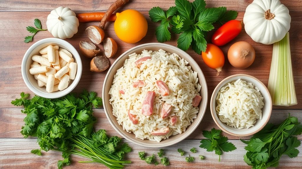 Ingredientes organizados sobre bancada: arroz, pequi, carne de sol, cebola e temperos típicos do Cerrado