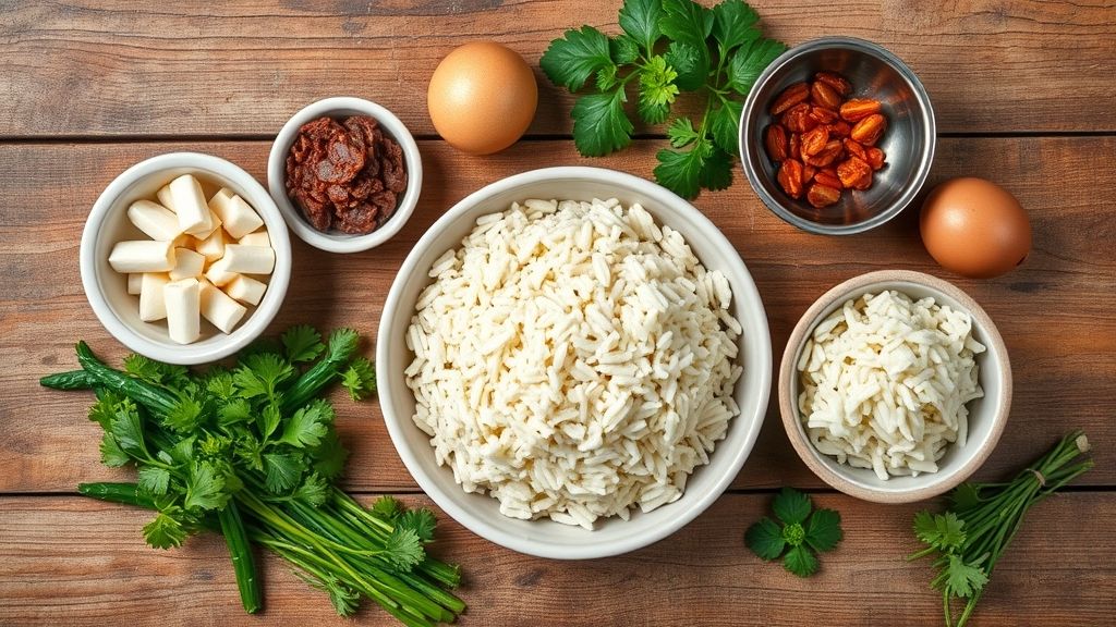 Vista de cima mostrando carne de sol, arroz, creme de leite, queijo, temperos e legumes organizados sobre bancada de madeira