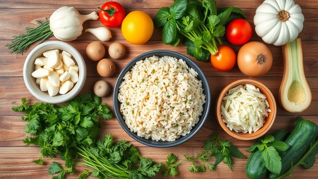 Ingredientes frescos e coloridos, como arroz cozido, cenoura, abobrinha, ervilhas e queijos dispostos sobre bancada de madeira.