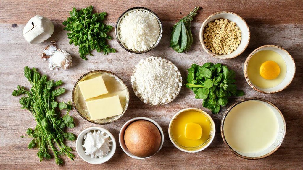 Visão de cima com os ingredientes da receita — arroz, leite, leite de coco, açúcar, canela e creme de leite — organizados em bancada rústica.