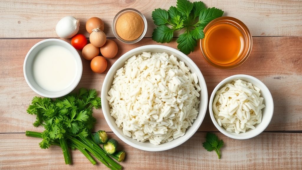 Visão de cima dos ingredientes organizados: arroz cru, alho, azeite, sal e água sobre bancada