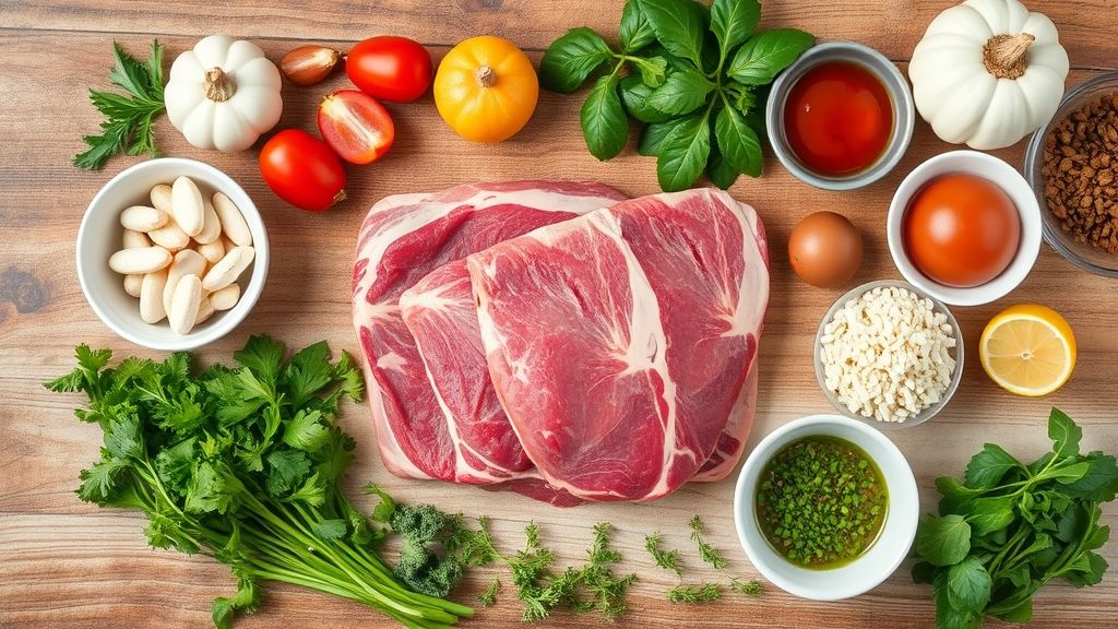 Visão de cima mostrando carne, legumes e temperos organizados sobre bancada rústica