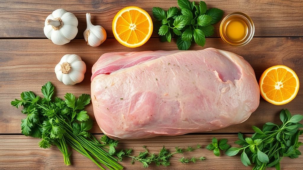 Visão de cima com os ingredientes do lombo suíno Sadia organizados sobre uma bancada de madeira