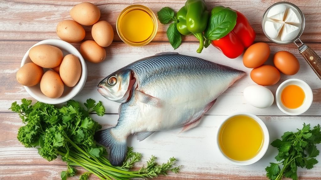 Visão de cima com postas de bacalhau, batatas, pimentões, ovos e azeite organizados sobre bancada de cozinha.