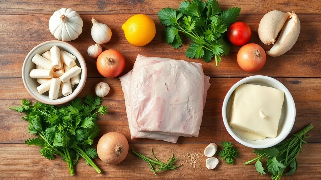 Vista superior de pedaços de toucinho fresco organizados sobre tábua de madeira com faca e panela ao fundo