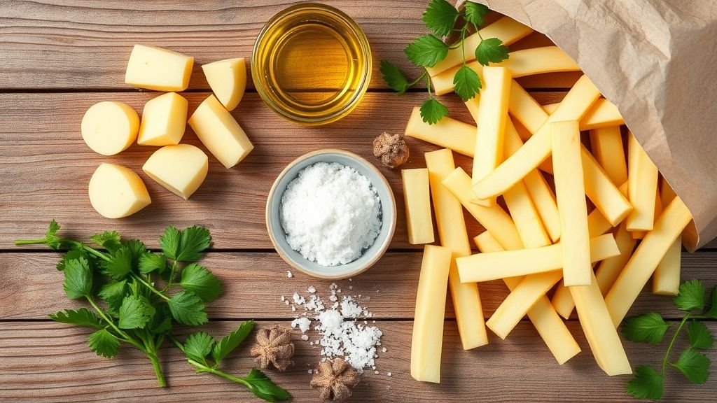 Visão de cima mostrando batatas Asterix cortadas, óleo e sal organizados em uma bancada rústica