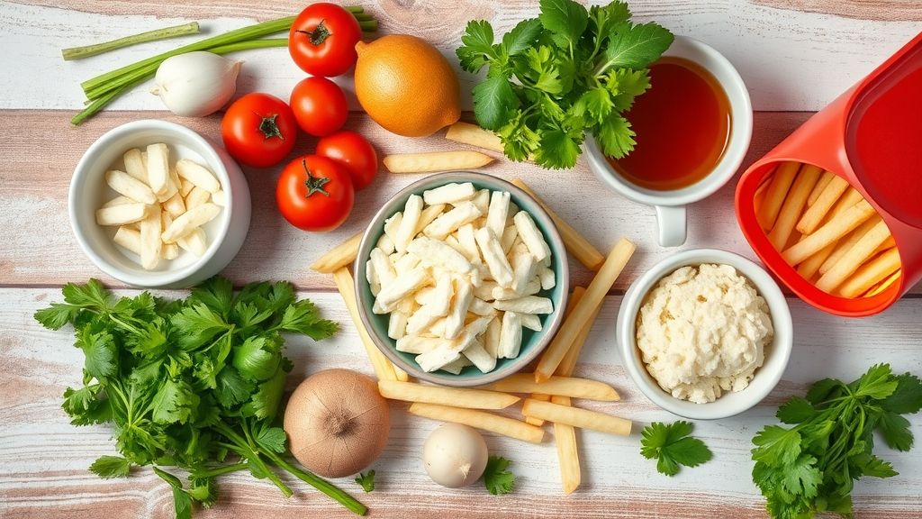 Ingredientes frescos e organizados, como batatas Asterix, açúcar, vinagre, sal e óleo vegetal sobre bancada de madeira.