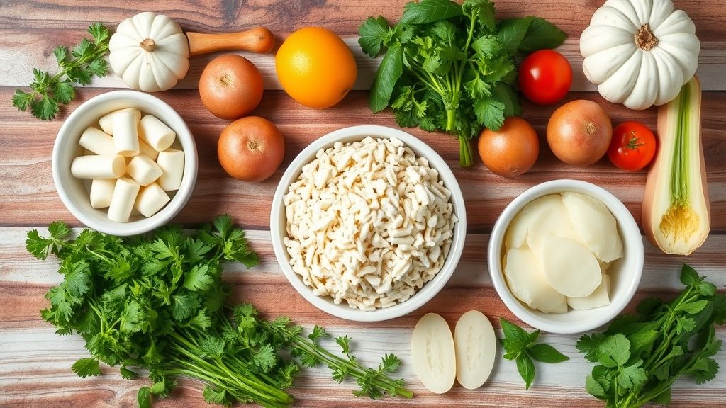 Visão de cima com batatas fatiadas, queijos, creme de leite e temperos organizados sobre bancada de madeira.