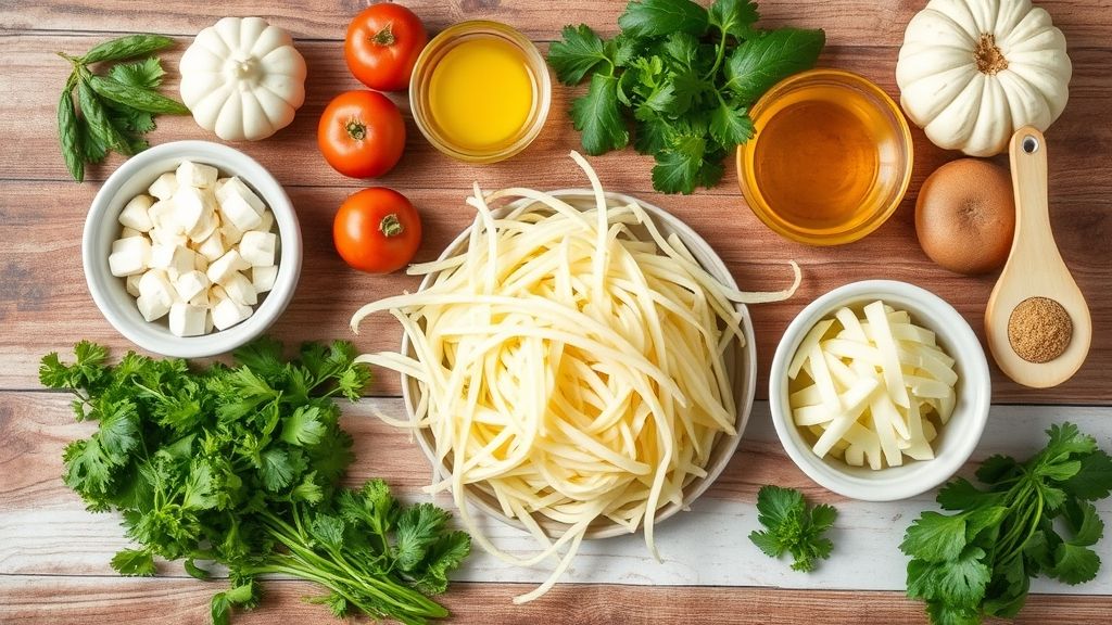 Visão de cima dos ingredientes — batatas, óleo e sal — dispostos sobre uma bancada rústica.