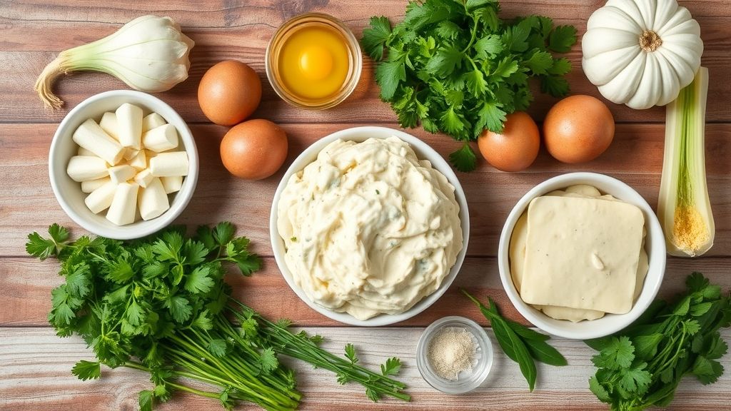Visão de cima com batatas, frango, queijo e requeijão organizados em uma bancada rústica