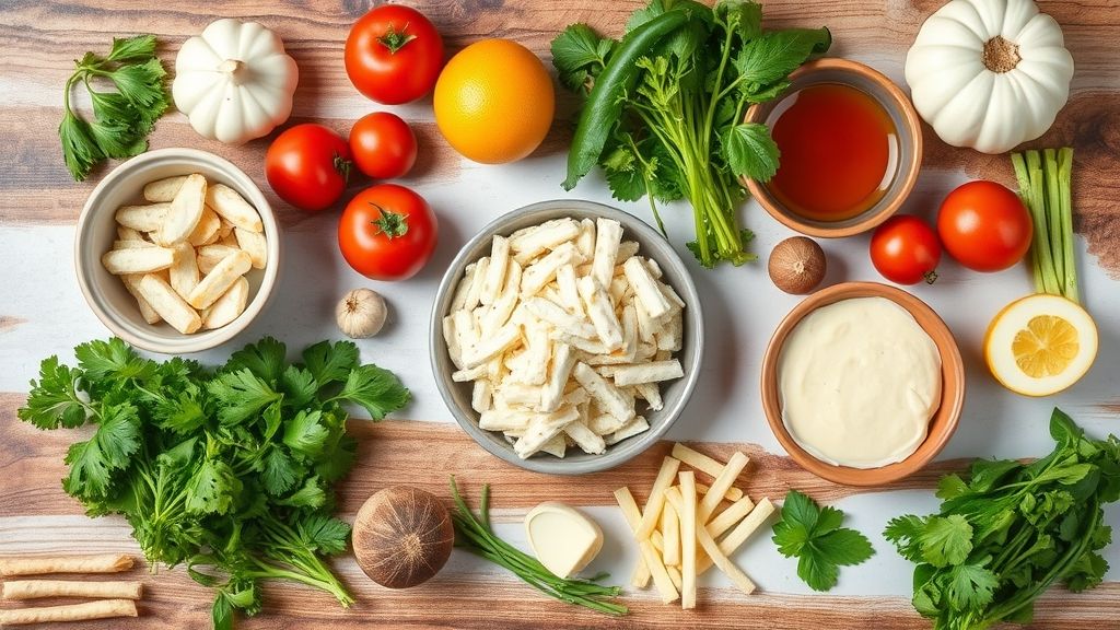 Visão de cima com batatas, azeite e temperos organizados sobre uma bancada