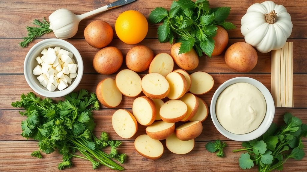 Visão de cima mostrando batatas, azeite, amido, sal e ervas dispostos sobre bancada de madeira.