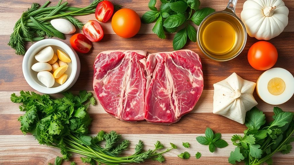 Visão de cima com os ingredientes da receita organizados em uma bancada.