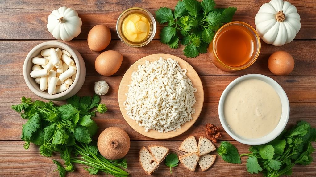 Visão de cima com polvilho, queijo ralado, ovos e manteiga organizados em bancada de madeira