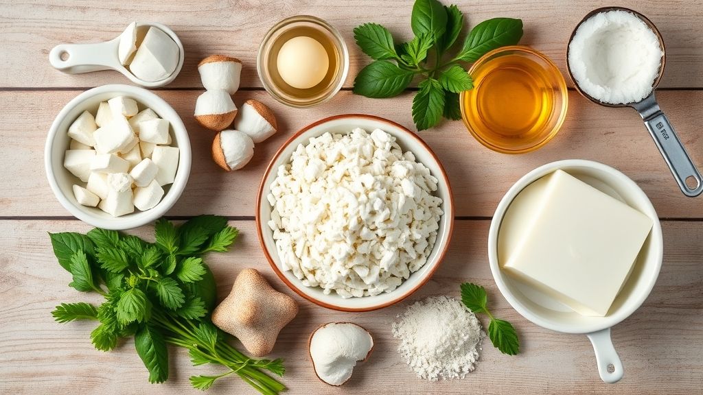 Visão de cima com os ingredientes da receita organizados em uma bancada