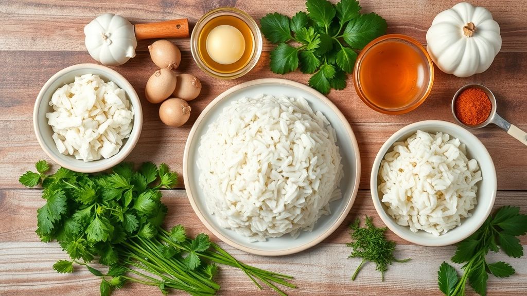 Visão de cima mostrando arroz cozido, queijo ralado, ovos e farinha organizados em tigelas sobre bancada de madeira.