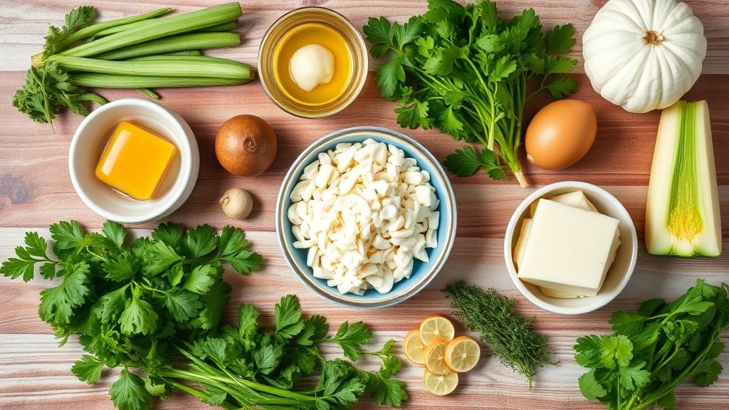 Ingredientes frescos como bananas verdes, farinha, ovo e temperos dispostos sobre uma bancada rústica