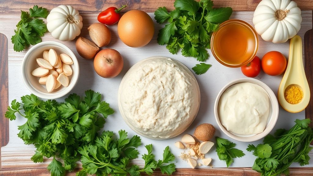 Visão de cima mostrando ovos, farinha, açúcar, leite, fermento e canela organizados sobre bancada de madeira