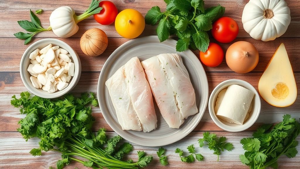 Ingredientes frescos — tilápia, batatas, ovos e ervas — organizados sobre bancada de cozinha