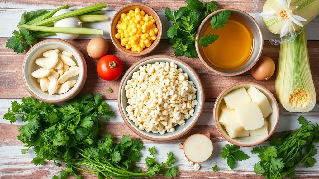 Visão de cima dos ingredientes do bolinho salgado de milho organizados em bancada de madeira.
