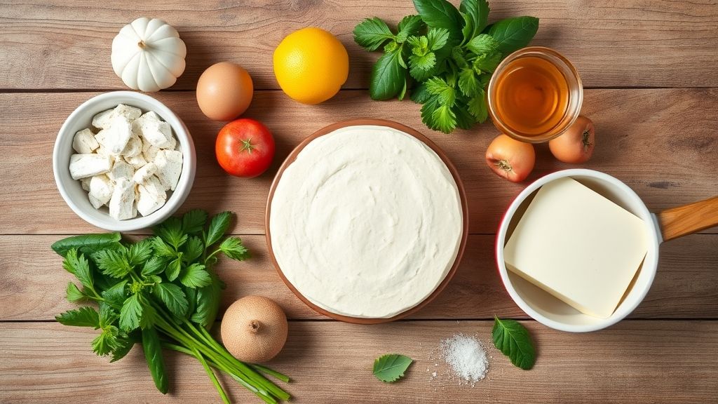 Visão de cima com os ingredientes do bolo caseiro simples organizados em uma bancada de madeira rústica