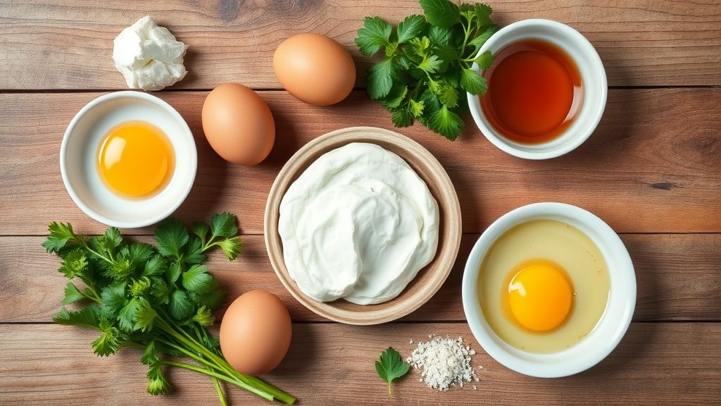 Visão de cima com farinha, ovos, chocolate em pó, leite e açúcar organizados em uma bancada rústica