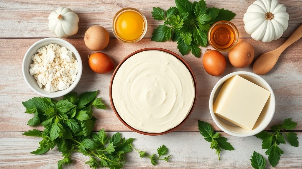 Visão de cima com os ingredientes do bolo cremoso simples organizados em uma bancada rústica de madeira