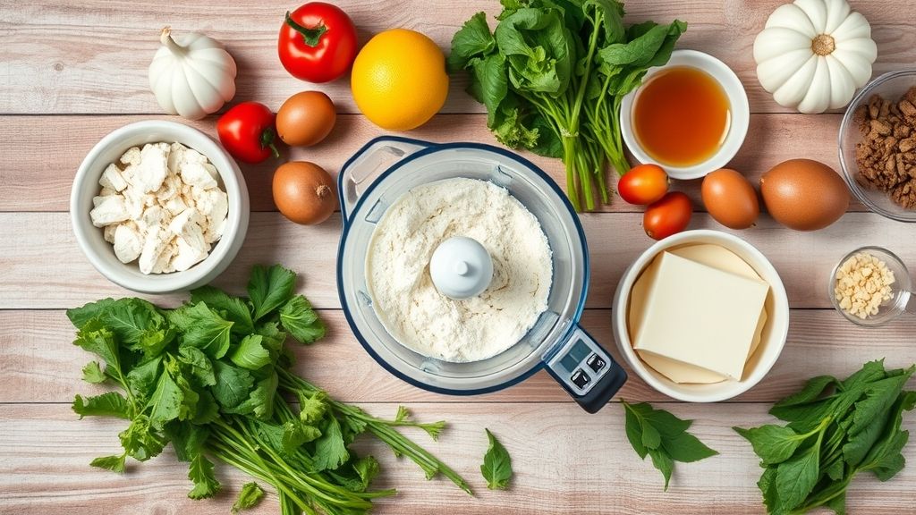Visão de cima mostrando ovos, farinha, açúcar, leite, óleo e chocolate organizados em uma bancada de madeira